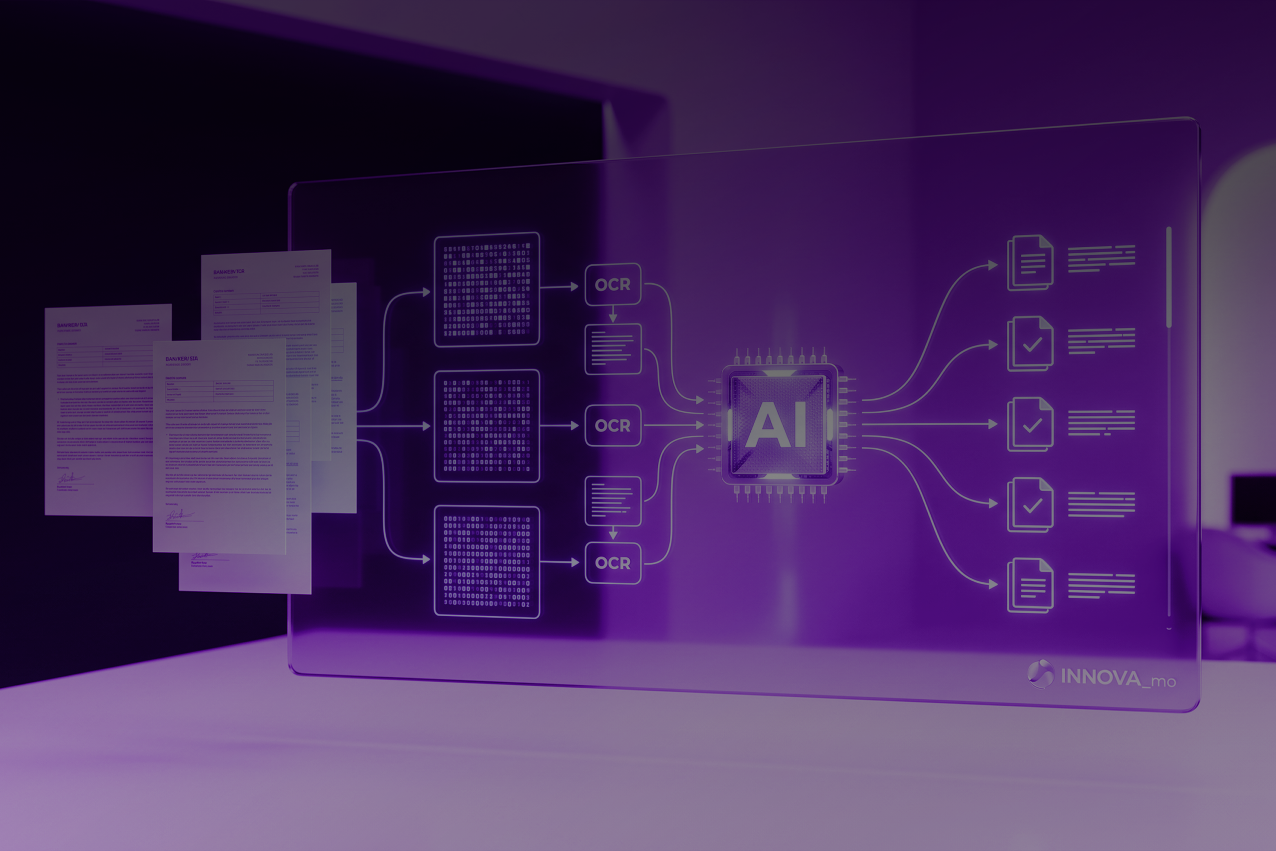 Panel de cristal holográfico sobre automatización de procesos documentales con inteligencia artificial mostrando digitalización de archivos y OCR.