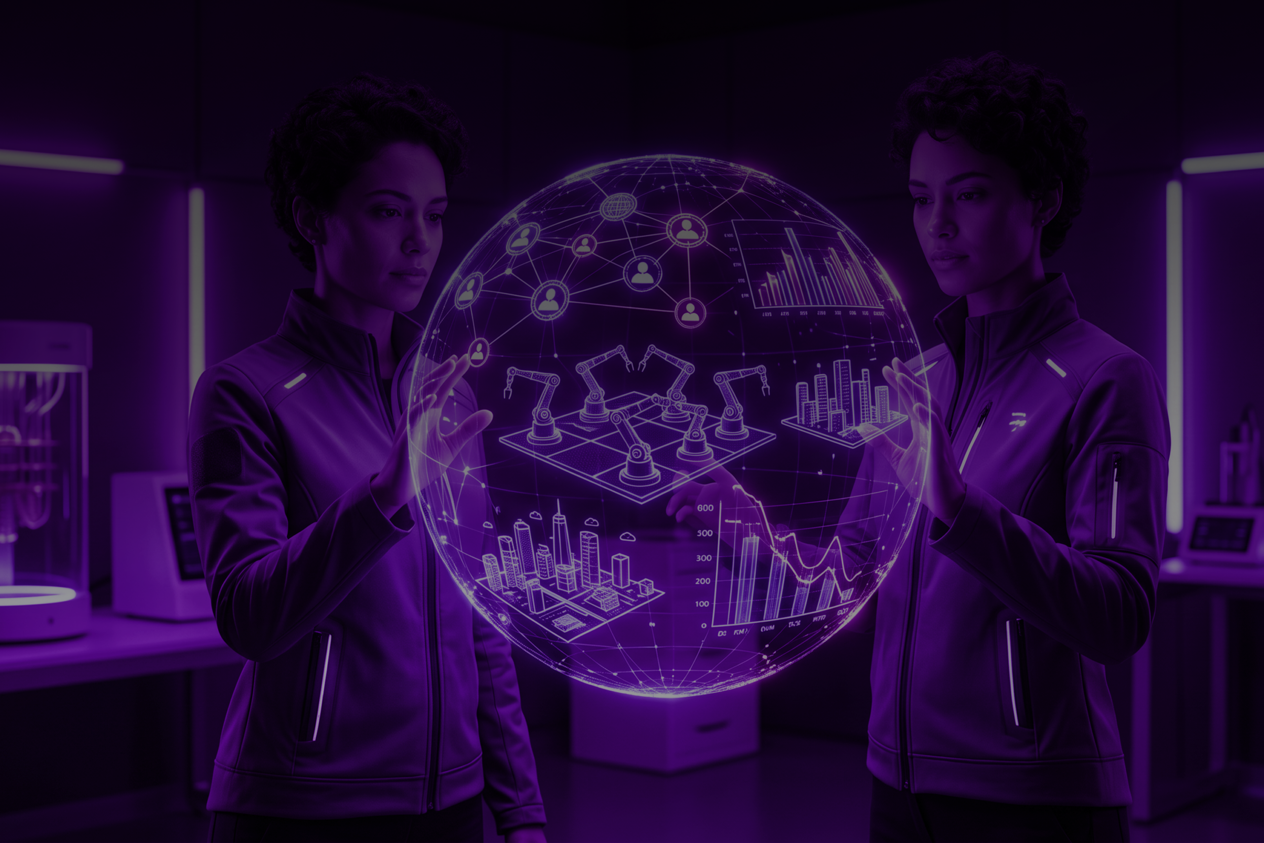 Especialistas en laboratorio interactuando con esfera holográfica sobre el futuro de la automatización con IA y redes industriales.
