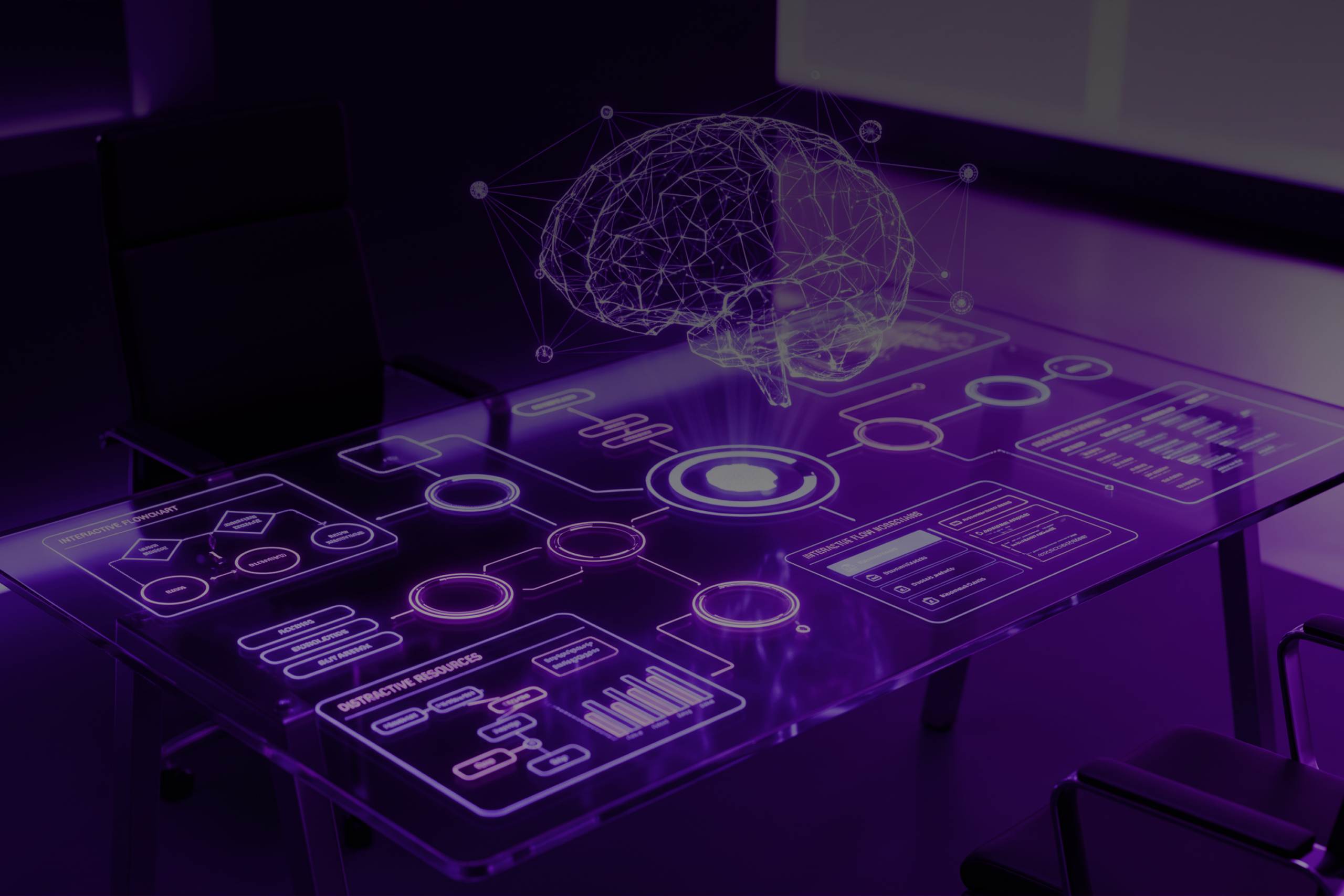 Escritorio ejecutivo interactivo sobre implementar inteligencia artificial en departamentos de operaciones con hologramas de redes neuronales y flujos de trabajo.